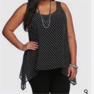 Torrid Sheer Black and White Polka Dot Sharkbite Hem Chiffon Tank Top